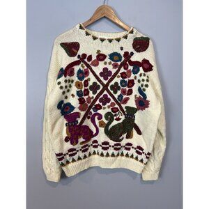 I.V.Y Hand Knit Sweater Womens Size Medium Cats and Floral Cream Vtg